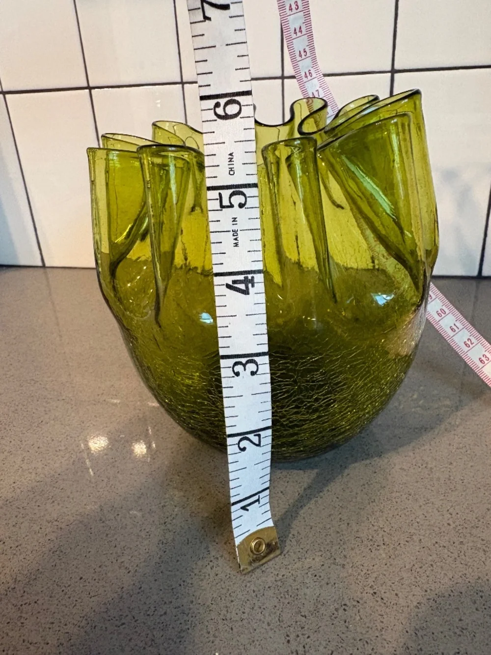 Blenko crackle glass bowl / vase with ruffled rim - avocado green